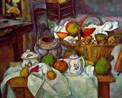 容器，篮子和水果(厨房桌子) - 保罗·塞尚